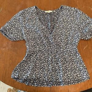 Boden V Neck Elastic Waist Navy And White Floral Print Shimmer Detail Size 10